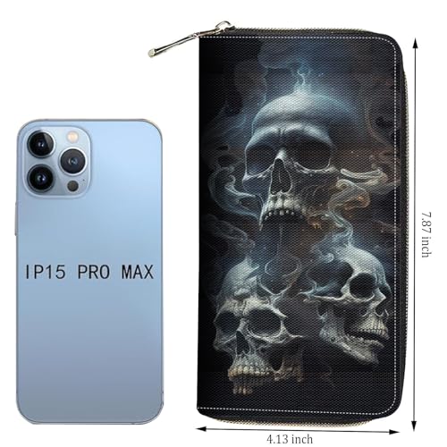 Wallet,Large Capacity RFID Blocking Leather Wallet, Durable Smooth Zipper Clutch,Unisex Travel Wallet for Cards,Cash,and Coins,Skull Smoke4