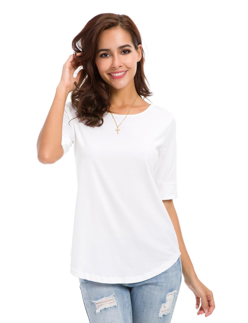 Womens Cotton Tops Summer Casual Fitted T Shirt Half Sleeve Tunic Comfy Tee