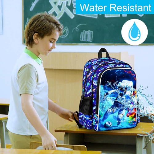 Image of HPJGD 3PCS Boys Astronaut Bookbag, Water Resistant Kids School Bag Set with Lunch Box, Cool Backpack for Elementary Preschool Toddler - Soccer Astronaut