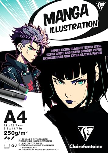 Clairefontaine 976163C Bloc Encollé Papier Manga Illustration A4 21x29,7 cm 250g - 20 Feuilles Papier Dessin Blanc Extra Lisse - Papier pour le Dessin Manga au Crayon, à l’Encre et aux Feutres