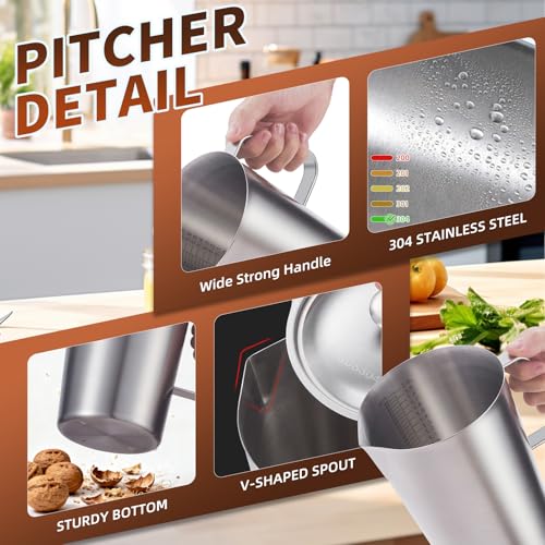 YOKUGO Stainless Steel Water Pitcher with Lid, 2L Stainless Steel Pitcher 8 Cup Metal Measuring Cup with Handle, Large 70 oz Milk Frothing Pitchers for Coffee, Iced Tea, Hot & Cold Water by yokugo - Image 3