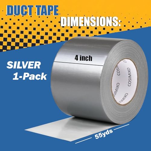 Image of COSIMIXO 1-Pack Silver Heavy Duty Wide Duct Tape, 4 inches x 55 Yards, Strong, Flexible, No Residue, All-Weather and Tear by Hand - Bulk Value for Repairs, Industrial, Professional Use