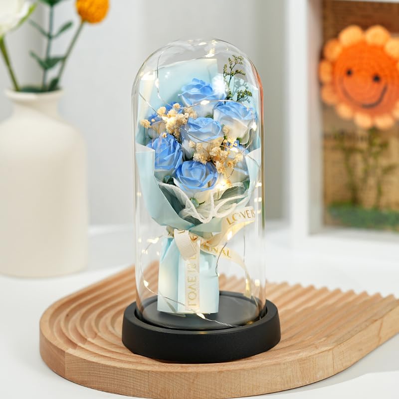 zCloud Flowers Fresh Bouquet,7 Eternal Roses in Glass Dome with LED Lights Luxury Artificial Flower Gift for Women Wife Mum Birthday Valentine's Day Anniversary Wedding Home Decor (Blue)