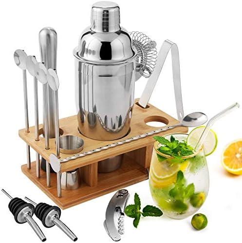 Cocktail Shaker Set 14 Pieces Mixology Bartender Kit with Stand 100% Bamboo Professional Stainless Steel Home Bar Set Drink Mixing, jigger,Pourer,Strainer,Muddler,Spoon,Ice Tongs,Wine opener