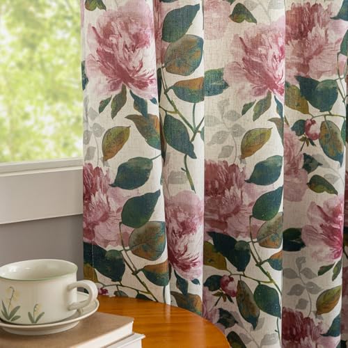 Image of ALIGOGO Floral Linen Patio Curtain for Sliding Door, Extra Wide Curtain 100 Inch for Glass Doors, Elegant Semi-Sheer Light Filtering Farmhouse Grommet Room Divider Drape 1 Panel, W100 x L90 Inch, Pink