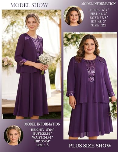 Image of GRACE KARIN Formal Wedding Guest Dress Sequin Mother of The Bride Dresses | Two Piece,3 /4 Sleeve,Tea Length,Crew Neck,Fit and Flare,Chiffon,Suitable for Spring /Summer /Fall /Winter /Cocktail /Party /Prom