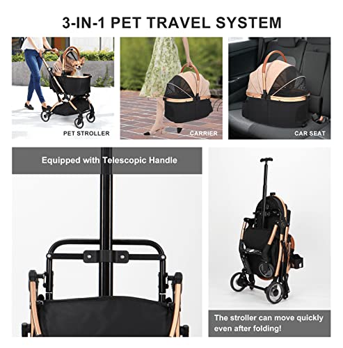 3 in 1 Foldable Pet Stroller for Small Medium Dogs Cats, No-Zip with Detachable Carrier, Push Button, Luxury Pet Gear Stroller for Puppy Travel (Khaki)