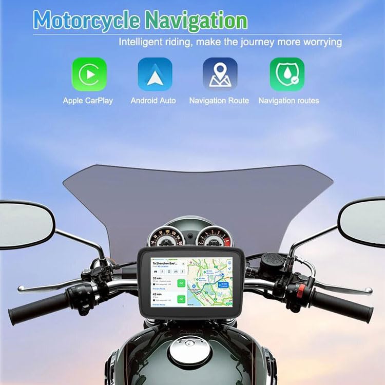 Navigateur GPS CarPlay pour Moto 5Inches Ecran Tactile CarPlay & Android Auto Navigateur Moto Portable Bluetooth IPX7 Waterproof