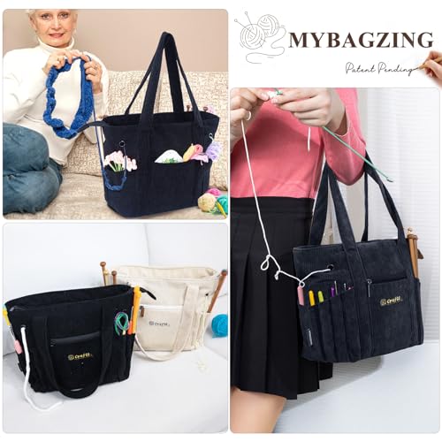 Image of MYBAGZING Crochet Bag and Tote - Corduroy Yarn Bag - Yarn Holder for Crocheting - Crochet Storage Bag for Crochet Hooks, Crochet Accessories, Knitting Bag for Crochet Lovers, Mom Gift