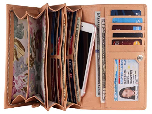 Image of Women's Top Grain Leather Wallet, RFID Blocking Bifold clutch, 17 Card Slots, Zip Pocket Organizer, Elegant Gift for Women - Birthday, Valentine, Anniversary - NATURAL