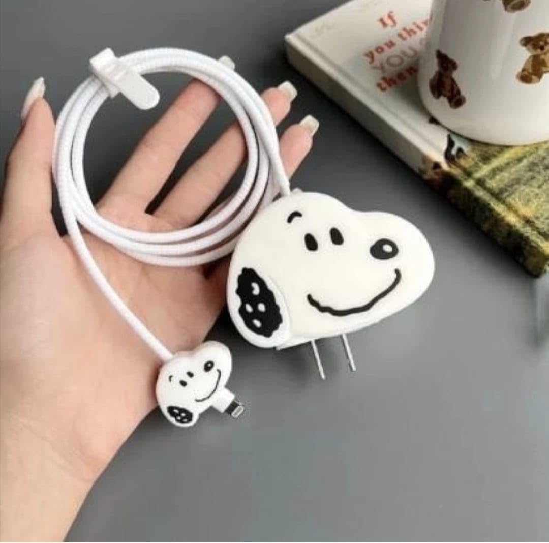 Tiwkka for Apple 20W & 18W iPhone USB-C Power Adapter Charger, Silicone Protective Case, USB Lightning Cable, 3D Cartoon Case for iPhone Charger 18W/20W Only (Snoopy White)
