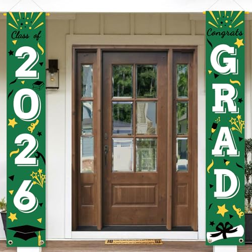 Image of Graduation Porch Banner Class Sign Congrats Grad Hanging Flags High School College University Party Decoration For Front Door Outdoor Green White
