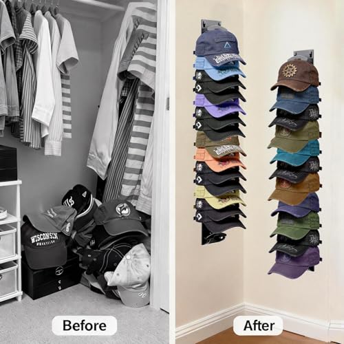 2-Pack Hat Rack for Wall, Baseball Hat Hooks with Adhesive & Screws | Hat Organizer Hold Up to 16 Hats, Space-Saving Hat Storage Display for Door Bedroom, Great Gift for Hat Lovers