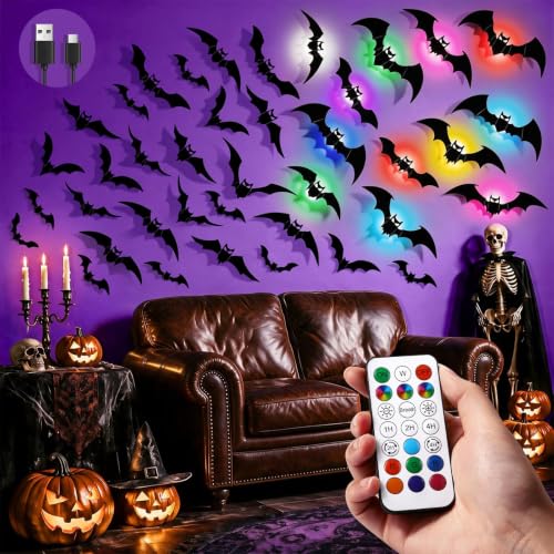 Image of LUDILO 48P Bats Halloween Decorations + 12P Rechargeable Lights with Remote | Color Changing Light up Bats Wall Decor 3D Bat Stickers, Halloween Window Wall Door Room Party Decor Indoor Outdoor, Timer