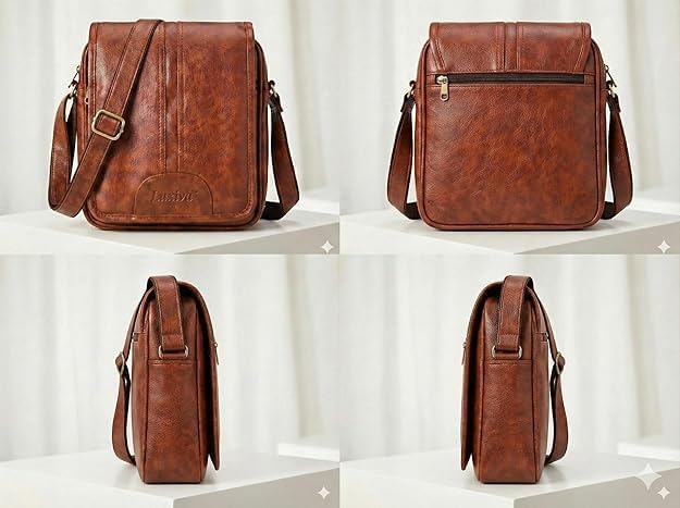 Image of Men's Leather Sling Bag Crossbody Messenger Shoulder Bag | Stylish Office Travel Side Bag with Multiple Compartments, Adjustable Strap & Secure Pockets for Daily Use