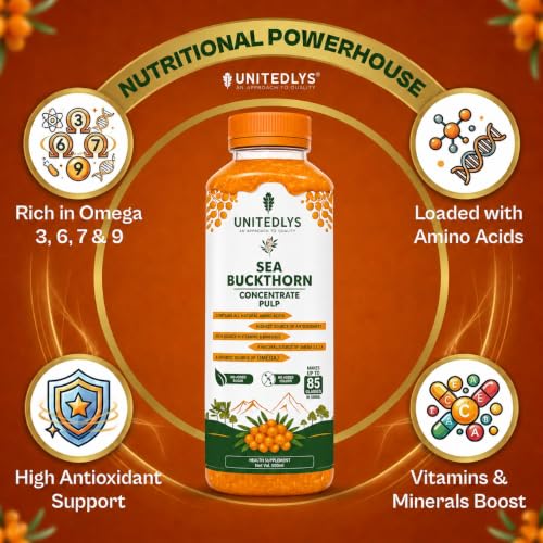 Image of 100% Pure & Sugar Free Himalayan Sea Buckthorn Juice 500ml | Rich in Vitamin C, Plant Based Vegan Omega 3 6 7 9 & Antioxidants | Original Sea Buckthorn Berry Pulp Supports Immunity, Skin Glow & Gut Health | Up to 85 Glass Juice