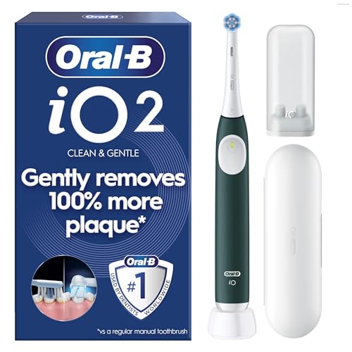 Oral-B iO2 Electric Toothbrush, 1 Gentle Care Toothbrush Head, 1 Travel Case, 1 Travel Refill Holder, Oral B Toothbrush for Adults (Forest Green), Designed by Braun, 2 Pin Plug