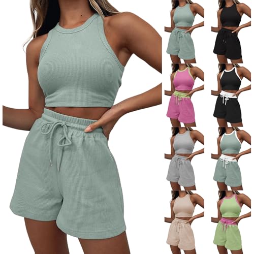 Two Piece Sets for Women Sleeveless Crop Top and Shorts Waffle Lounge Set Tracksuits Sweatsuits Beach Vacation Outfits4