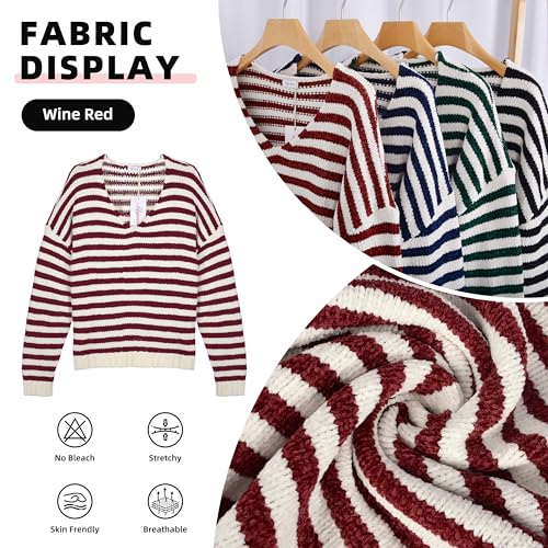 V Neck Sweaters for Women Striped Oversized Pullover Sweaters Drop-Shoulder Side Slit Loose Knit Jumper Tops4