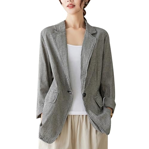 MINTLIMIT Womens Linen Blazer Summer Long Sleeve Lapel Button Work Office Jackets Casual Plaid Blazers with Pockets
