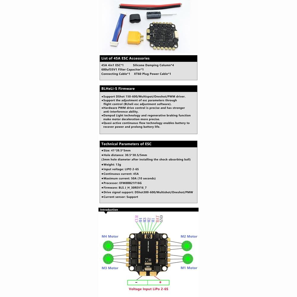 F4 V3S Plus FC&ESC FPV Stack F4 V3 PLUS Control de vuelo 45 A 4 en 1 ESC 30 x 30 para RC FPV Drone Ala Multicóptero