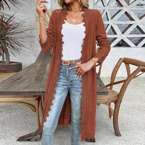 Long Cardigans for Women Open Front Drape Lightweight Duster Long Sleeve Crochet Lace Outerwear Casual Fall Cardigan