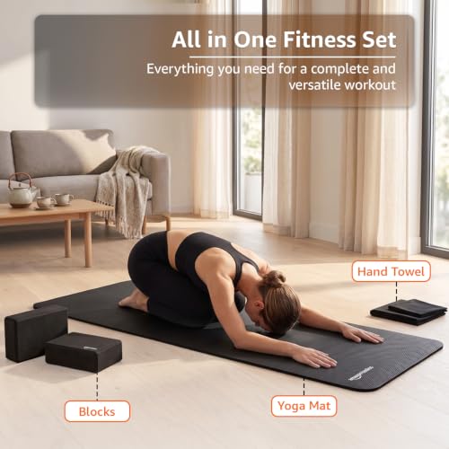 Image of Amazon Basics NBR Yoga & Exercise Mat Kit with Belt, Blocks & Towels | 13 mm Extra Thick Cushioned Support | Non-Slip Textured Surface | Ideal for Fitness & Home Workouts | 180 x 61 cm | Black