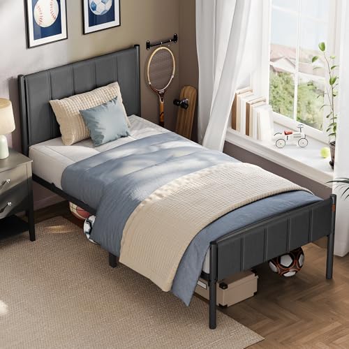 VASAGLE Marco de Cama Individual, 90 x 190 cm, con Cabecero Tapizado, de Metal, 250 kg de Capacidad de Peso, Fácil Montaje, Gris Pizarra RMB971G02