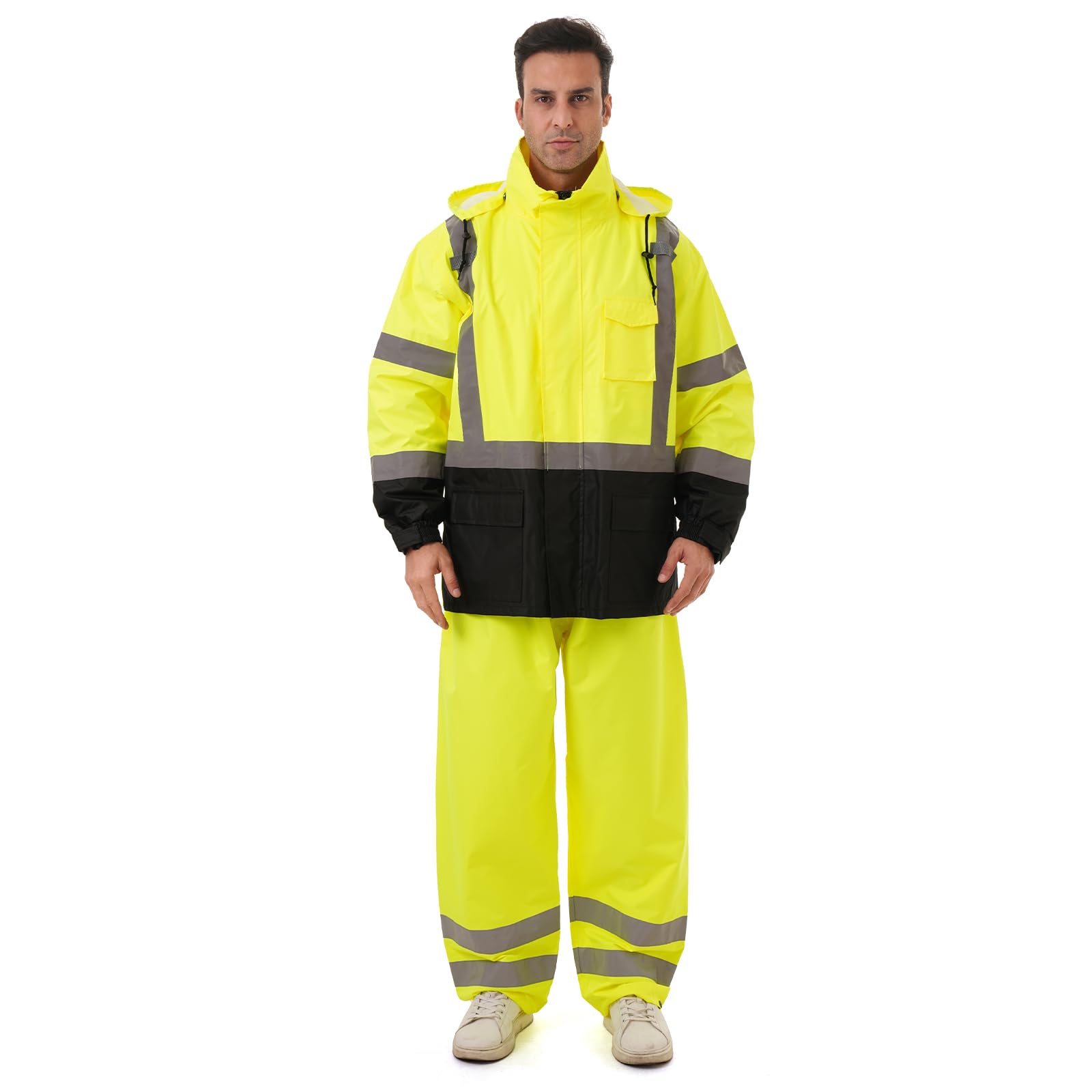 DPSAFETY Hi Vis Safety rain Jacket，Reflective Class 3 Rain coat with Inner Mesh Lining and Pockets High Visibility Waterproof work Rain Suits for men&
