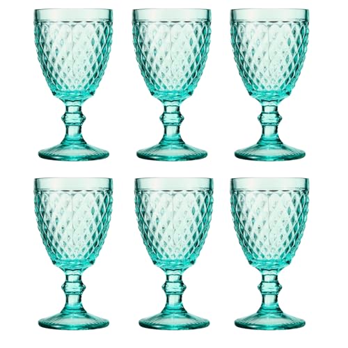 Juego de 6 copas de vino y vasos de colores vintage con patrón de diamantes (red turquesa), vasos de cóctel con relieve, cristal