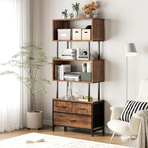 Coleshome Shelves Book Shelf with 5 Shelves Bookcase with 3 Fabric Drawers Shelf Unit Suitable for Bedroom Office Living Room Kitchen 60 x 24 x 155cm Vintage Colours