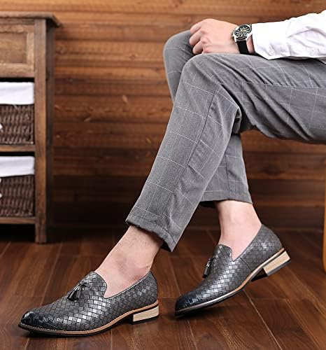 Santimon Men's Woven Tassel Smoking Loafers Classic Leather Business Foraml Dress Office Casual Slip On Vintage Brogue Shoes Dark Grey 8 US | Image 6
