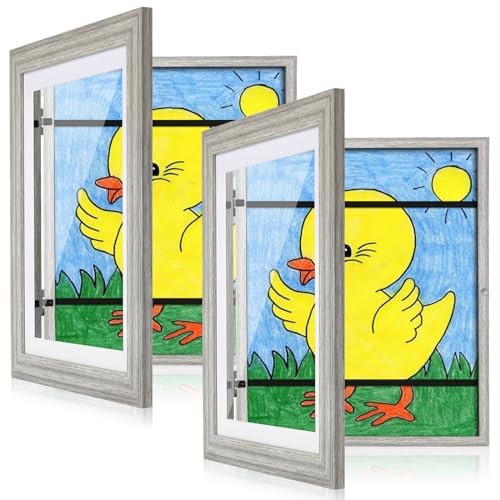 Image of [2 Pack] Kids Art Frames, 10x12.5 Front Opening Kids Artwork Frames Changeable, Grey Wood Grain Artwork Display Storage Frame for Wall, Holds 50 Pcs, for 3D Picture, Crafts, Children Drawing, Hanging