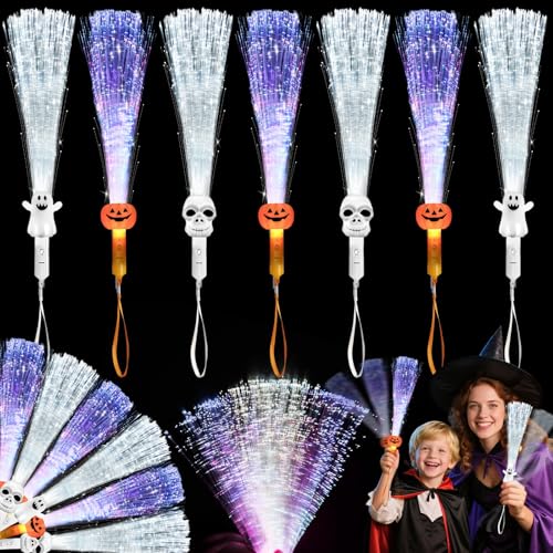 6 Pack Halloween Fiber Optic Wand, Glow in The Dark Sticks LED Light up Wand Bulk with 3 Design Pumpkin Skull Ghost Glow Toys for Kids Adults Halloween Party Decorations Favors Supplies Gifts