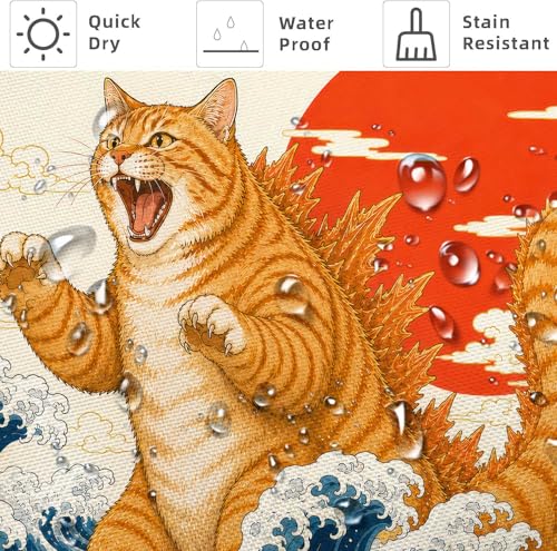 Image of Funny Shower Curtain, Vintage Japanese Cat Art Anime Sunset Wave Shower Curtains for Bathroom, Animal Cat Japan Fabric Bathroom Decor, with Hooks 72x72 Inch