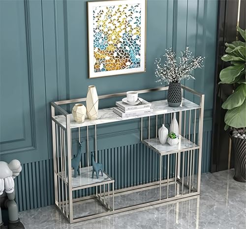 Image of Modern Console Table for Living Room, Entryway Console Table with Faux Marble Top, Metal Frame Sofa Table, Narrow Hallway Table, Luxury Accent Table for Bedroom, Office & Home Decor (White Grey)
