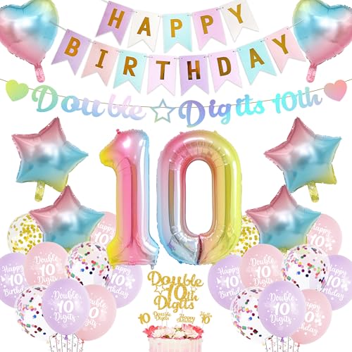 Aurmonigo 10th Birthday Decorations Girls - Colorful Double Digits Happy Birthday Banner Foil Balloons Confetti Latex Balloon Cake Topper for 10 Years Old Party Supplies