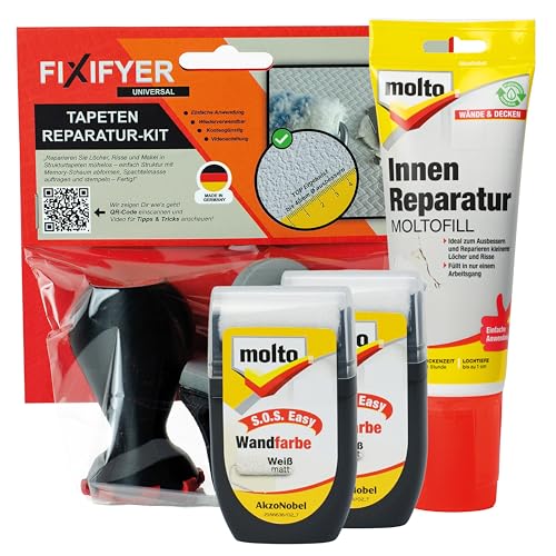 FIXIFYER Universal Reparatur-Set für Raufaser & Strukturtapeten + Molto Moltofill Innen-Reparaturspachtel + 2× Molto S.O.S. Easy Wandfarbe I Löcher & Risse in Strukturtapeten einfach ausbessern