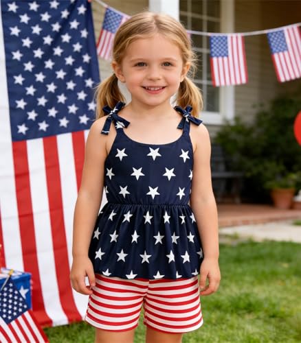 Image of Toddler Girls Clothes Summer Short Set Outfit Tie Knot Shoulder Sleeveless Ruffle Tops and Shorts 2PC Clothing Set