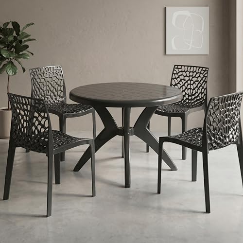 Image of Supreme Web Chair & Marina Table 5-Piece Set | Heavy Duty Plastic 4-Seater Dining Set for Living Room, Garden, Cafe & Outdoor Balcony, Color: Black