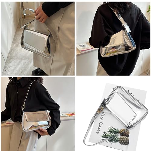 Image of Womens Y2k Sparkly Silver Hobo Bag Tote Evening Bag Metallic Clutch Satchel Shoulder Bag for Wedding Party Prom