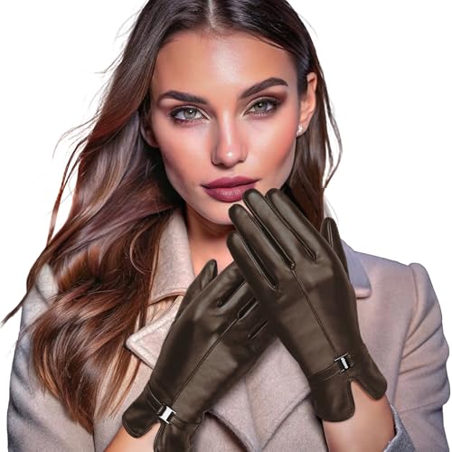 OZERO Leather Winter Gloves for Women,Sheepskin Wool Warm Womens Gloves with Touchscreen Fingers for Cold Weather Texting Driving-Brown Small