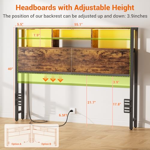 Image of Aheaplus Headboard for Full Size Bed with Storage, Headboards with Outlets | Full Size Head Board Only, USB Ports and LED Light, Height Adjustable, Reversible, Sturdy & Stable Headboard, Rustic Brown