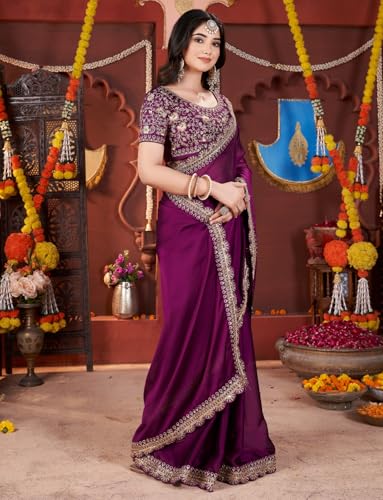 Image of DHARMEE Women's Elegant Designer Sarees Premium Rangoli Fabric with Embellished Border, Lightweight and Stylish Ethnic Wear - Perfect for Parties, Weddings, and Festive Occasions..