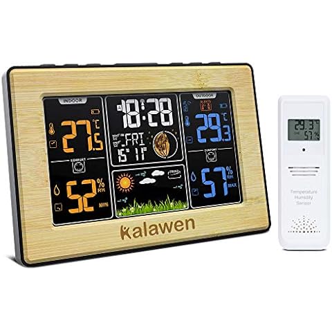 Kalawen Wireless Weather Station, Digital Color Weather Station with Outdoor Sensor, Digital Alarm Clock,Temperature, Humidity Monitor, Weather Forecast for Home Bedroom Garden,Yellow Cover