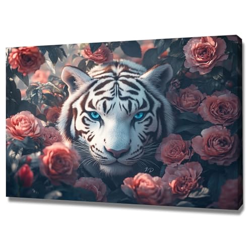 Toile tigre et roses œuvre murale multicolore pour chambre apaisante