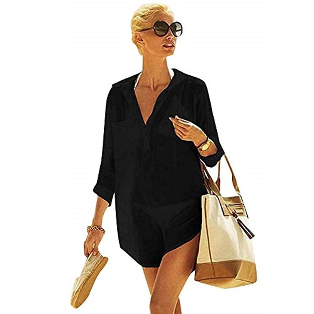 TBSCWYF Vestido de Playa Mujer Pareos y Camisola de Playa Punto Bikini Cover up Casual Camisetas Mujer Manga Larga Cuello en V Blusas para Mujer Tops Mujer Bikini Camisolas y Pareos
