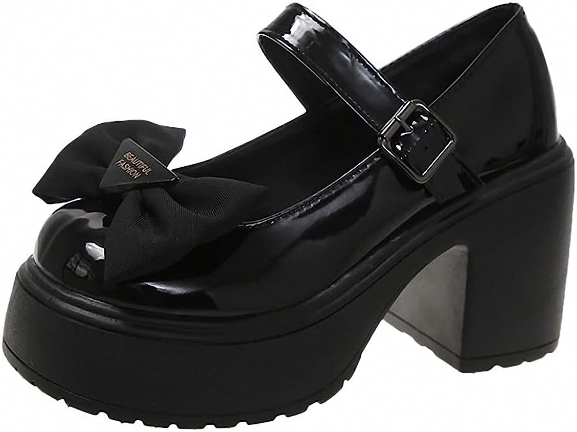 Womens Platform Mary Janes Shoes Sweet Toe Ankle Lolita Gothic Pumps Chunky Patent Leather — view 28