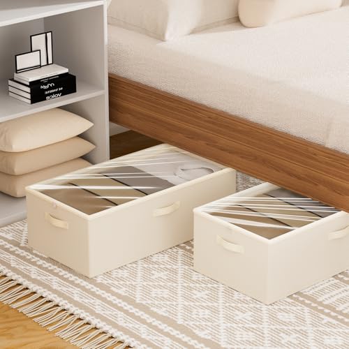 Chizjox 2 Pack Under Bed Storage Containers, 10 Inch Tall Underbed Clothes Storage Organizer Bin with Clear Window，Foldable Box Basket for Clothes, Closet, Bed Sheets and Blankets Beige — view 5