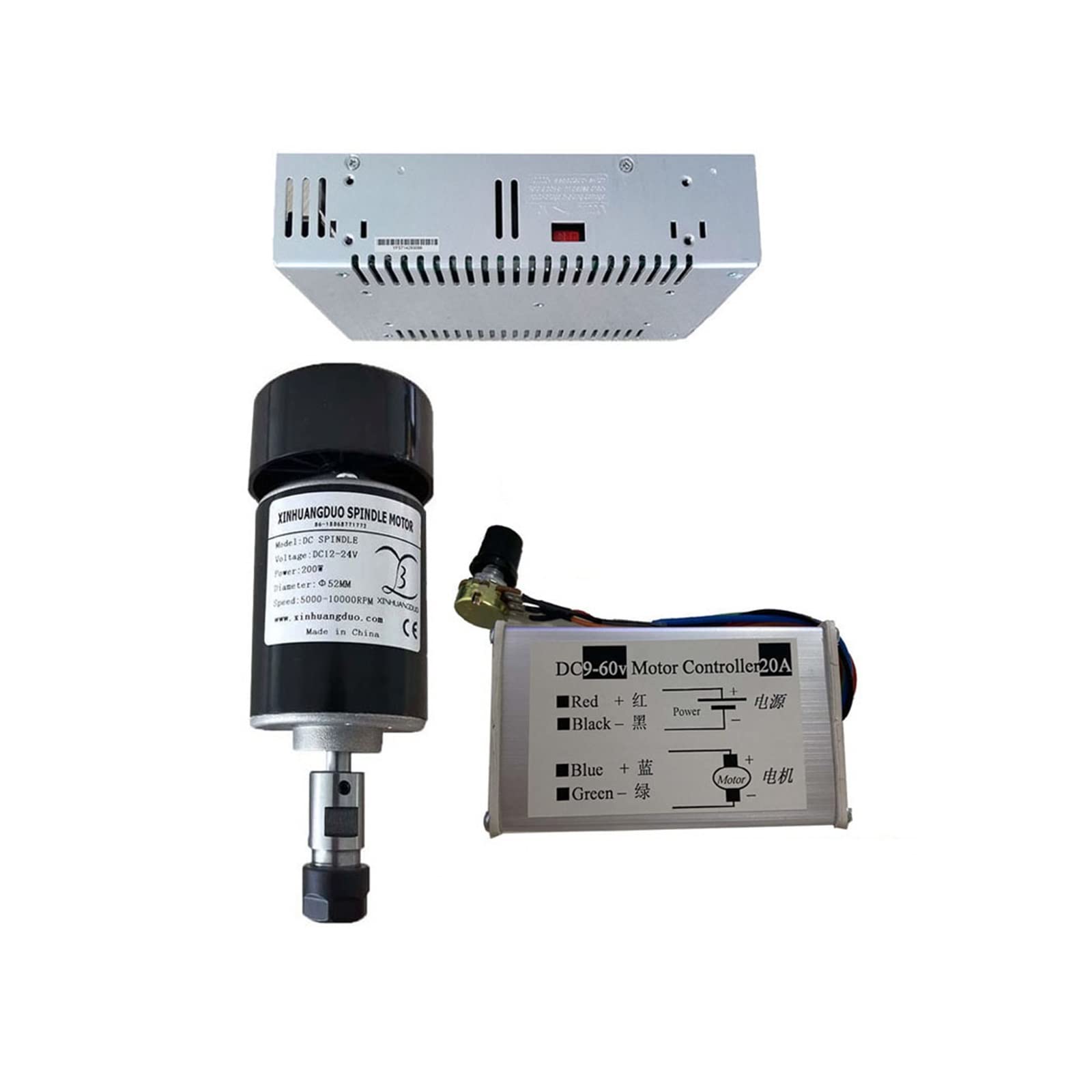Mooilko Package 4 0.2Kw Air Cooled Spindle Er11 Chuck Cnc 200W Spindle Motor + 52Mm Clamps + Power Supply +Speed Governor For Diy Cnc 24V10000rpm Smooth Running(Package 4)